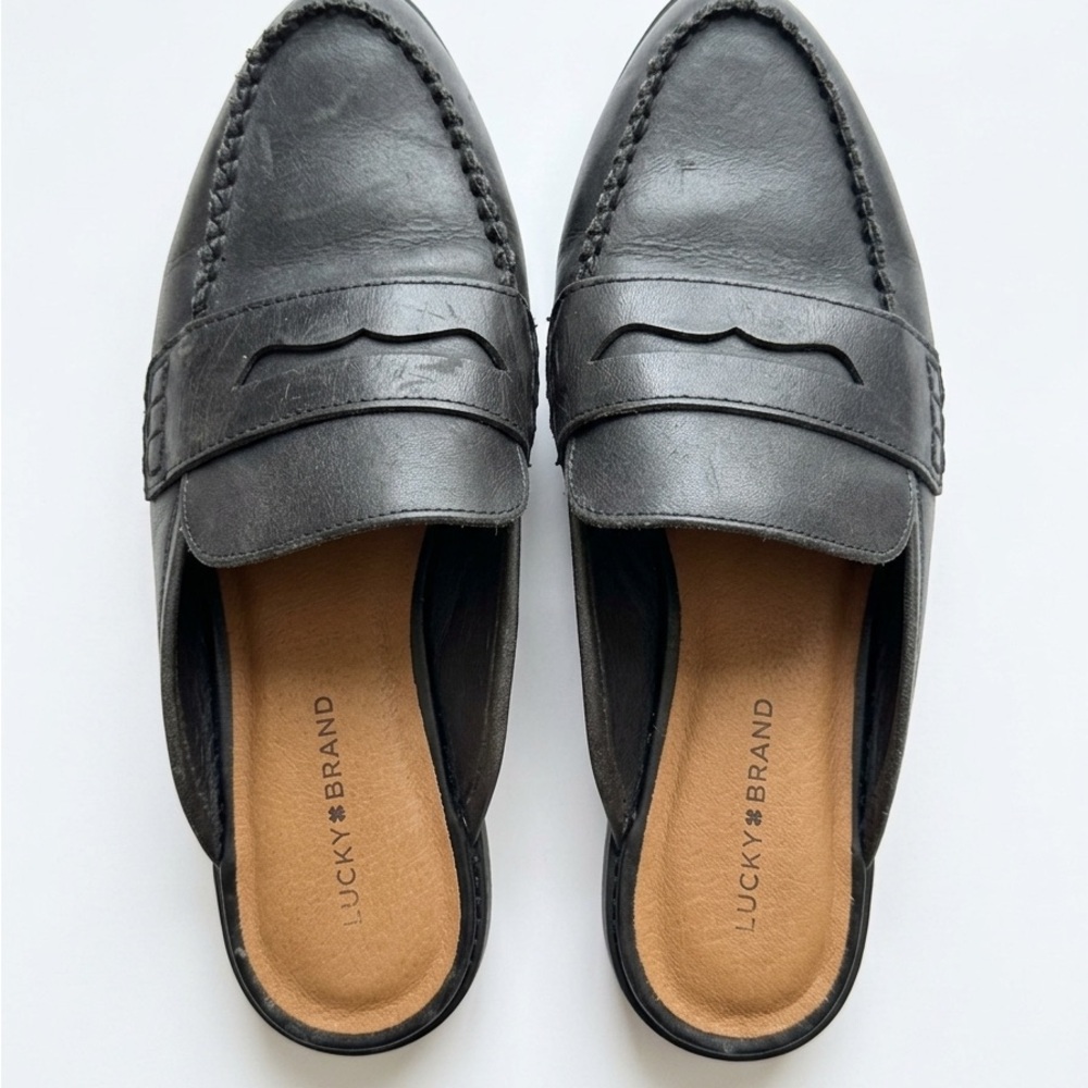 Lucky Brand Black Leather Penny Loafer Mule Slides